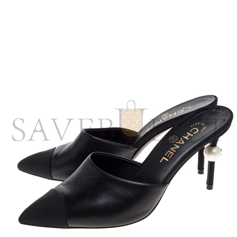 CHANEL WOMEN'S POINTED TOE SINGLE PEARL HEELED MULES  